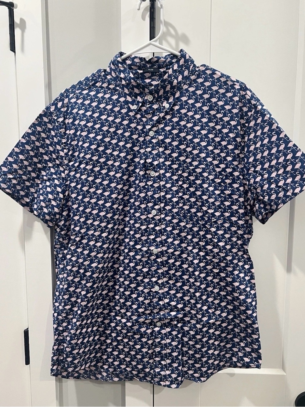 J. Crew Navy Short-Sleeve Button-Up Shirt with Pink Flamingo Print